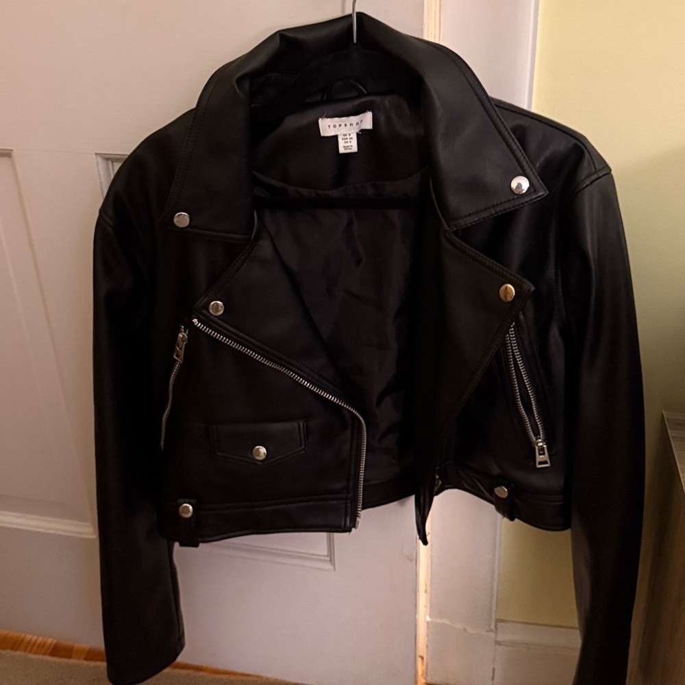 Topshop Black Leather Cropped Jacket